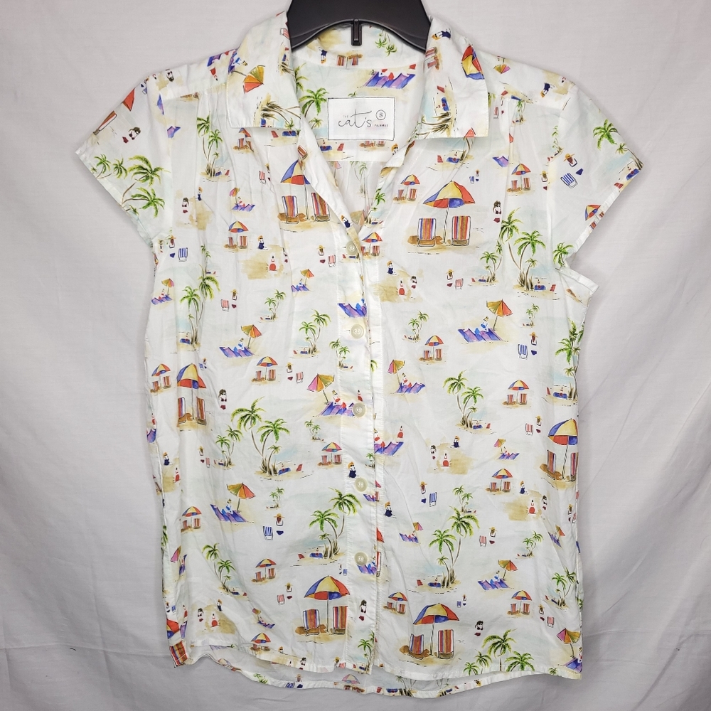 THE CAT'S PAJAMAS Women's White Beach Scene Capri Pajama Top SMALL